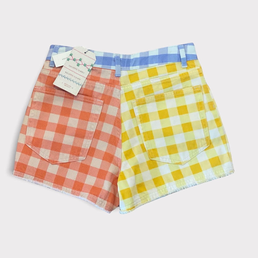 NWT Farm Rio gingam check denim cut off Anthropologie  shorts - Picture 2 of 6